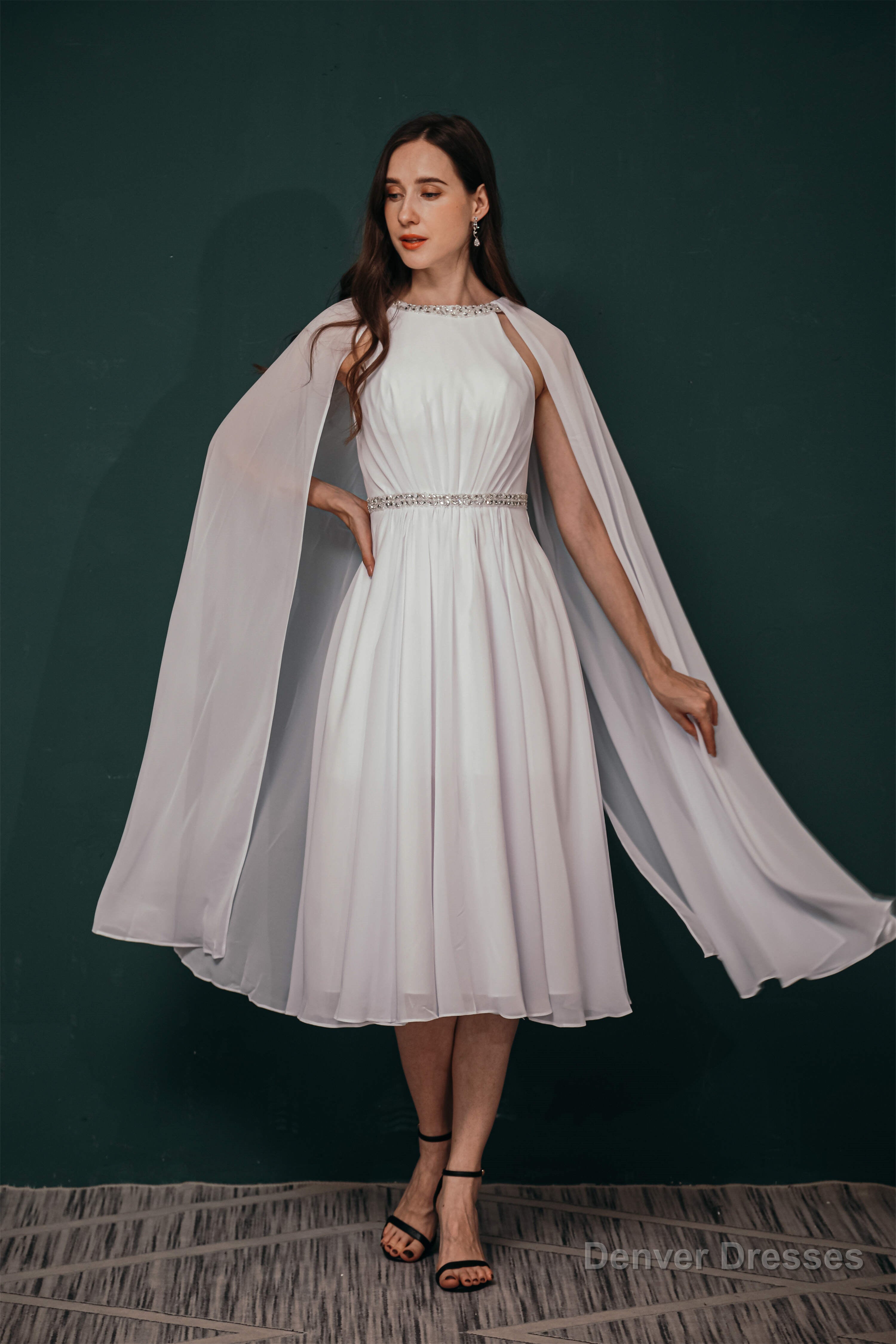 A-Line Crew Tea Length Chiffon Beaded Waist Mother of The Bride Dresses Main image