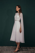 A-Line Crew Tea Length Chiffon Beaded Waist Mother of The Bride Dresses