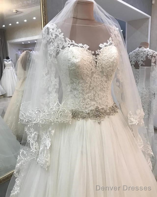 A-Line Crystal Beaded Sashes Lace Appliques Long Sleeves Tulle Wedding Dresses Secondary image