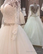A-Line Crystal Beaded Sashes Lace Appliques Long Sleeves Tulle Wedding Dresses