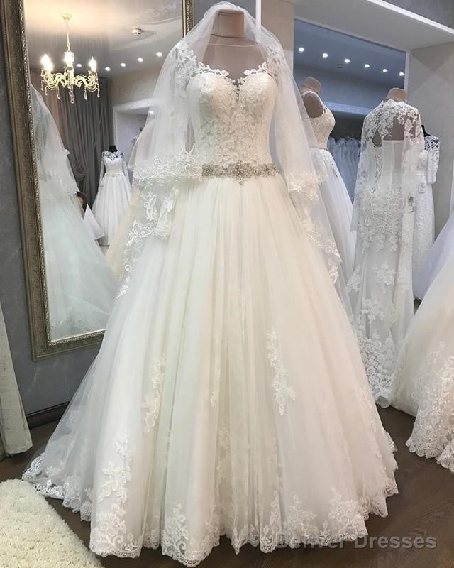 A-Line Crystal Beaded Sashes Lace Appliques Long Sleeves Tulle Wedding Dresses Main image