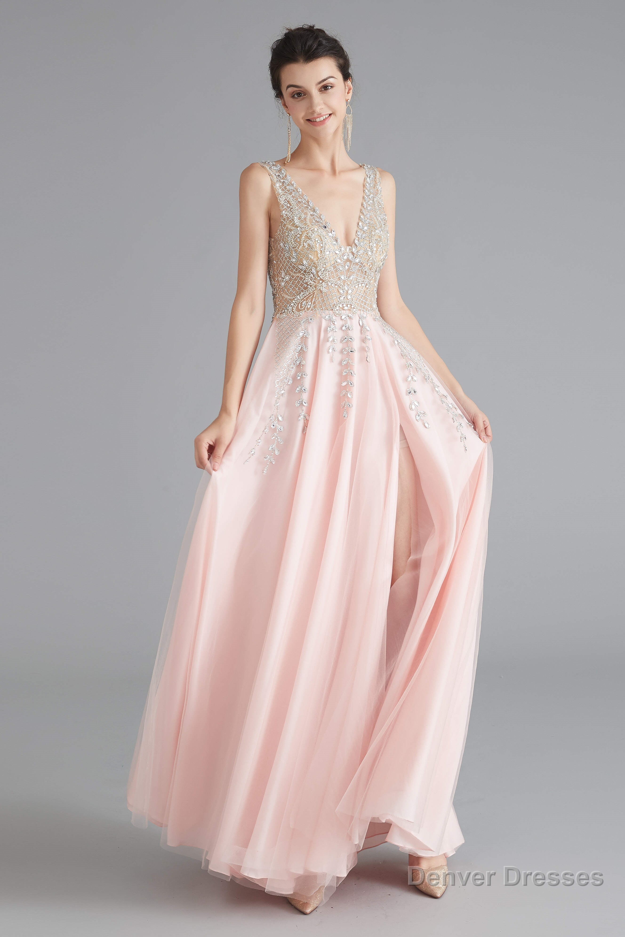 A Line Crystal Pink Split V Neck Backless Beaded Prom Dresses Secondary image