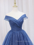 A-Line Dark Blue Tulle Long Prom Dress, Blue Formal Evening Dress