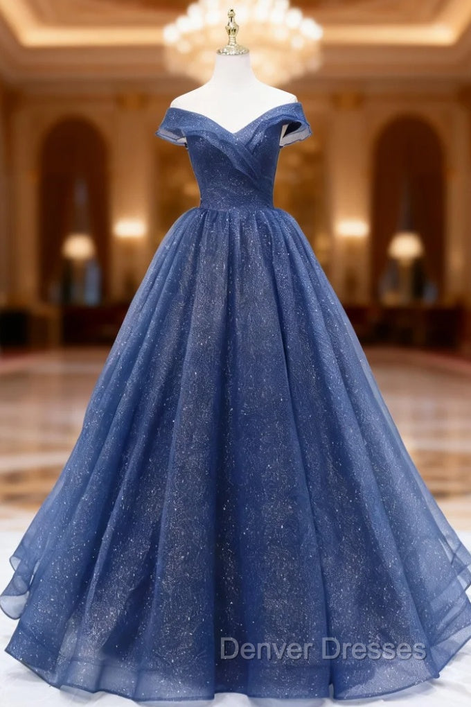 A-Line Dark Blue Tulle Long Prom Dress, Blue Formal Evening Dress Main image