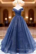 A-Line Dark Blue Tulle Long Prom Dress, Blue Formal Evening Dress
