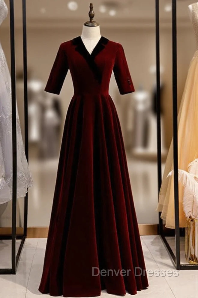 A-Line Dark Burgundy Short Sleeve V-neck Prom Dress