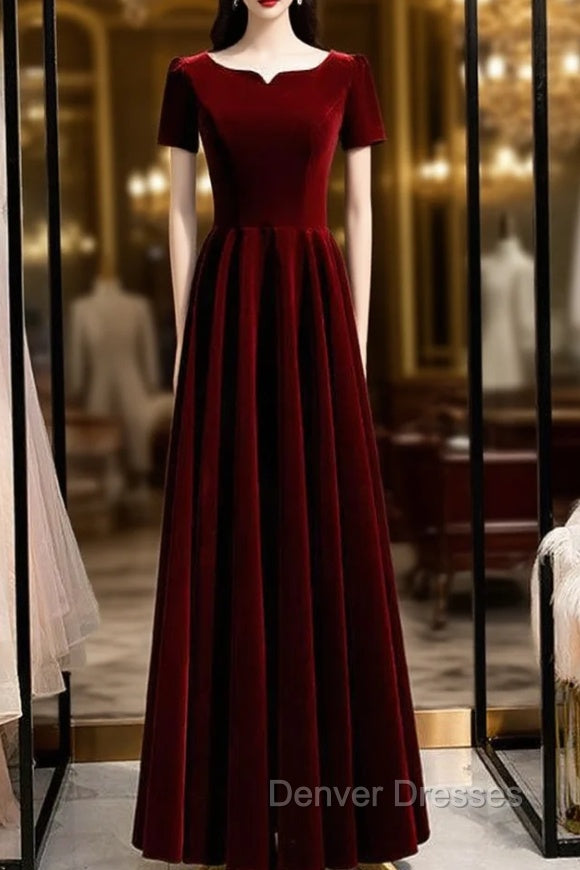 A-Line Dark Burgundy Velvet Short Sleeve Prom Dress Main image