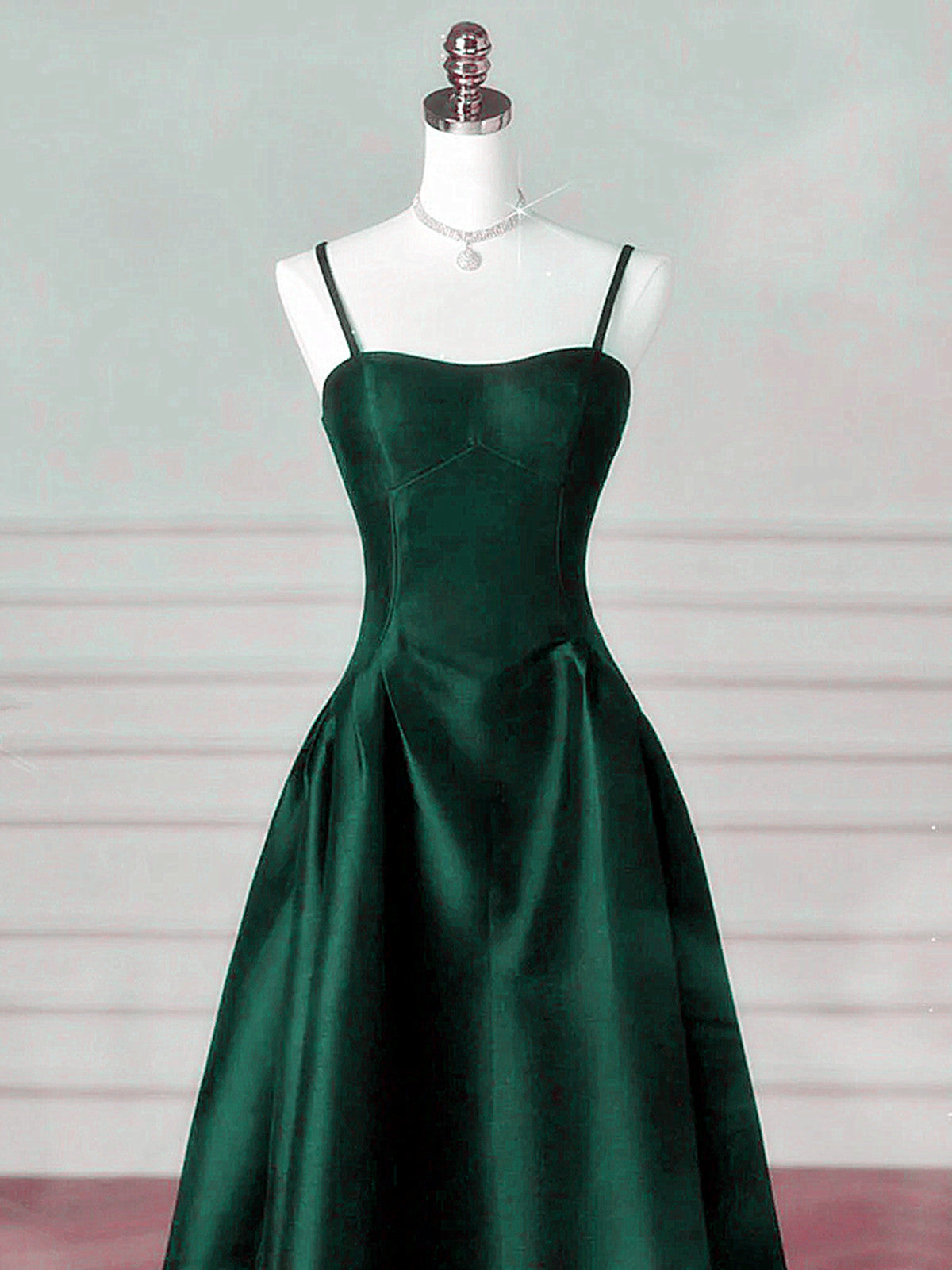A-Line Dark Green Satin Straps Long Party Dress, Green Satin Prom Dress Secondary image