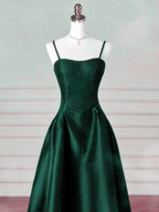 A-Line Dark Green Satin Straps Long Party Dress, Green Satin Prom Dress