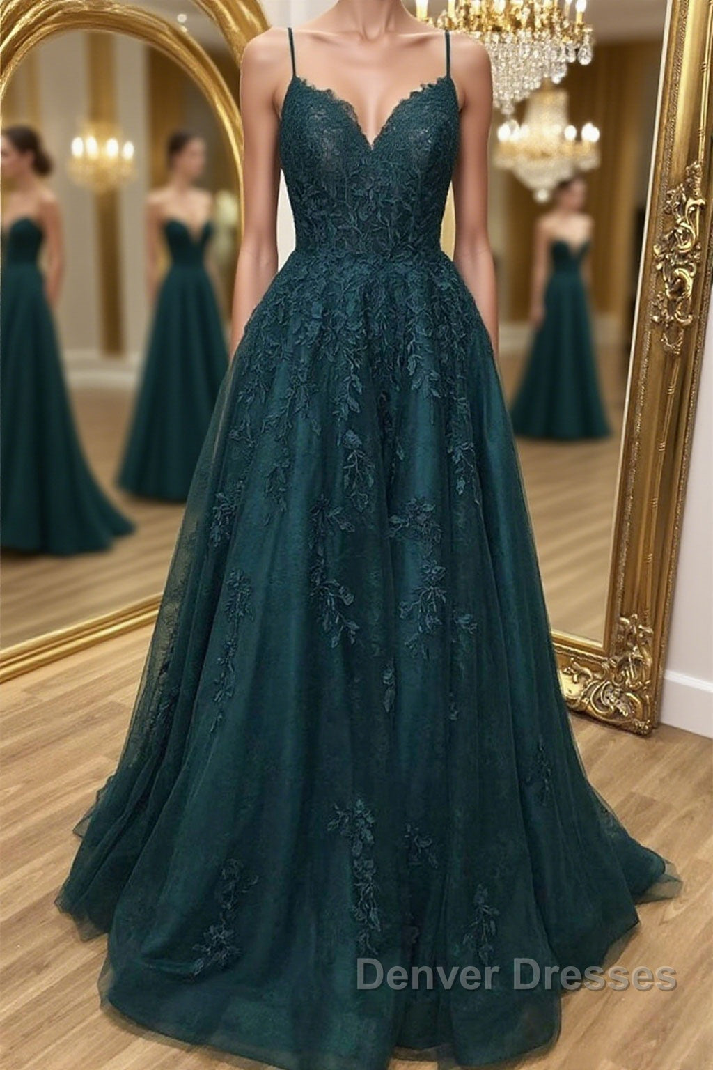 A Line Dark Green Tulle Lace Long Prom Dress, Dark Green Lace Formal Graduation Evening Dress