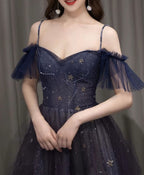 A-Line Dark Purple Tulle Long Prom Dress, Purple Formal Party Dress