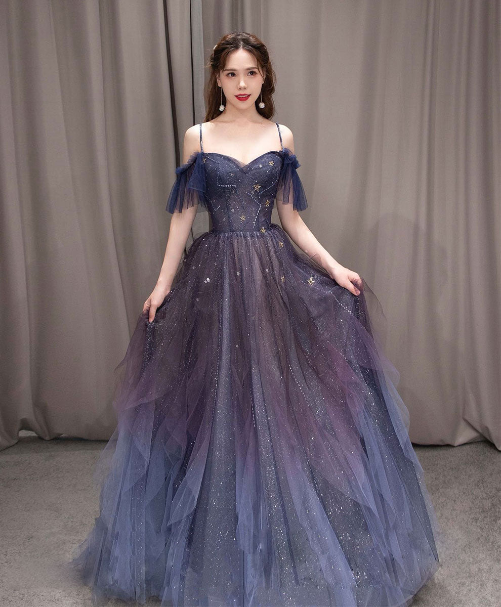 A-Line Dark Purple Tulle Long Prom Dress, Purple Formal Party Dress Main image