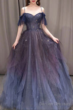 A-line Dark Purple Tulle Long Prom Dress, Purple Formal Party Dresses