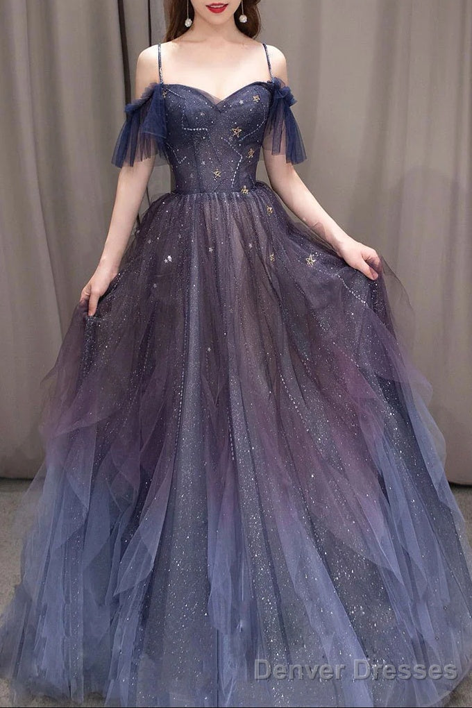 A-line Dark Purple Tulle Long Prom Dress, Purple Formal Party Dresses