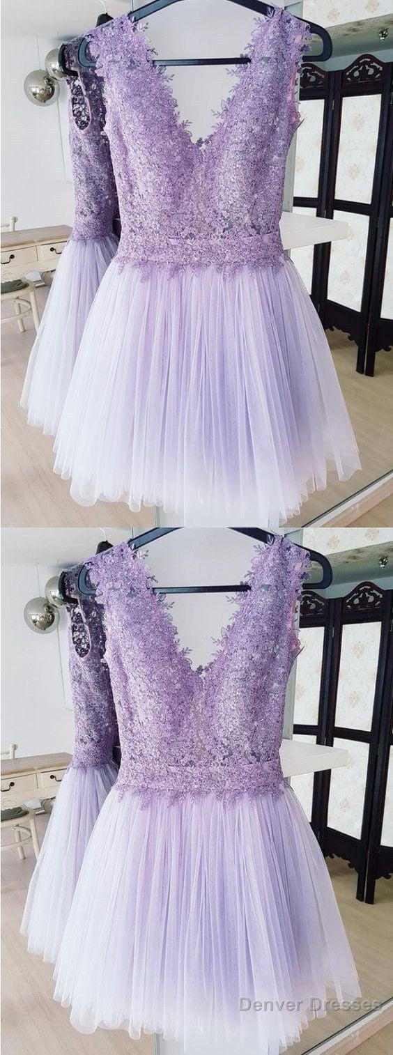 A-Line Deep V-Neck Backless Lilac Short Homecoming Dress With Lace Main image