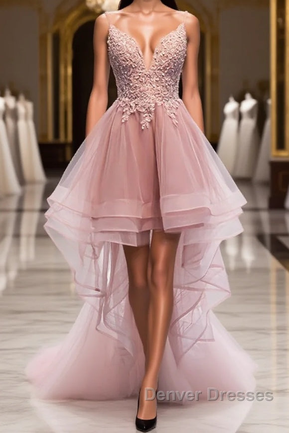 A-line Deep V Neck Beaded Appliques Multi-Layers Hi-Low Formal Dress Main image