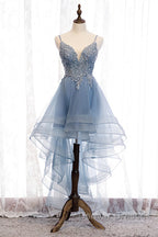 A-line Deep V Neck Beaded Appliques Multi-Layers Hi-Low Formal Dress