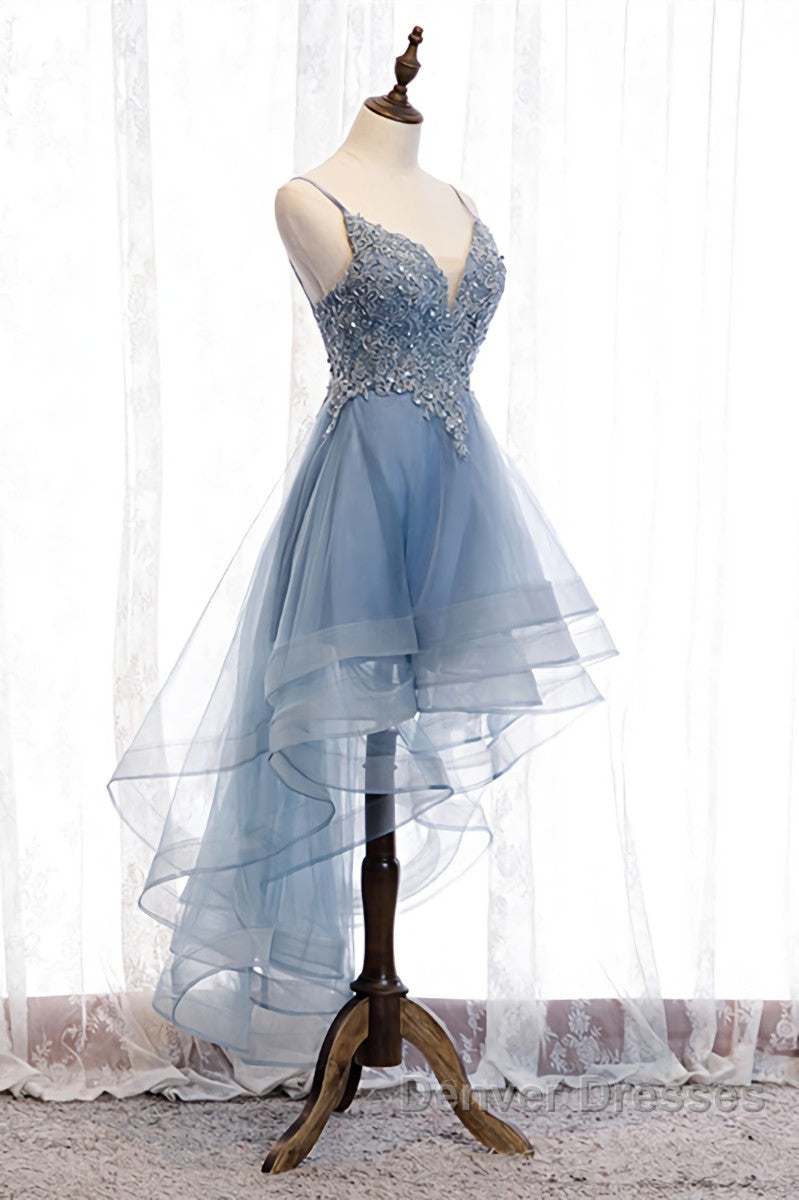 A-line Deep V Neck Beaded Appliques Multi-Layers Hi-Low Formal Dress