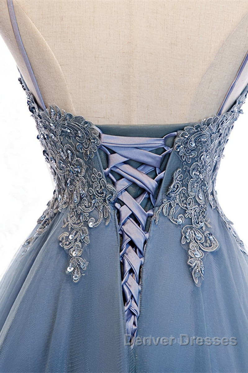 A-line Deep V Neck Beaded Appliques Multi-Layers Hi-Low Formal Dress