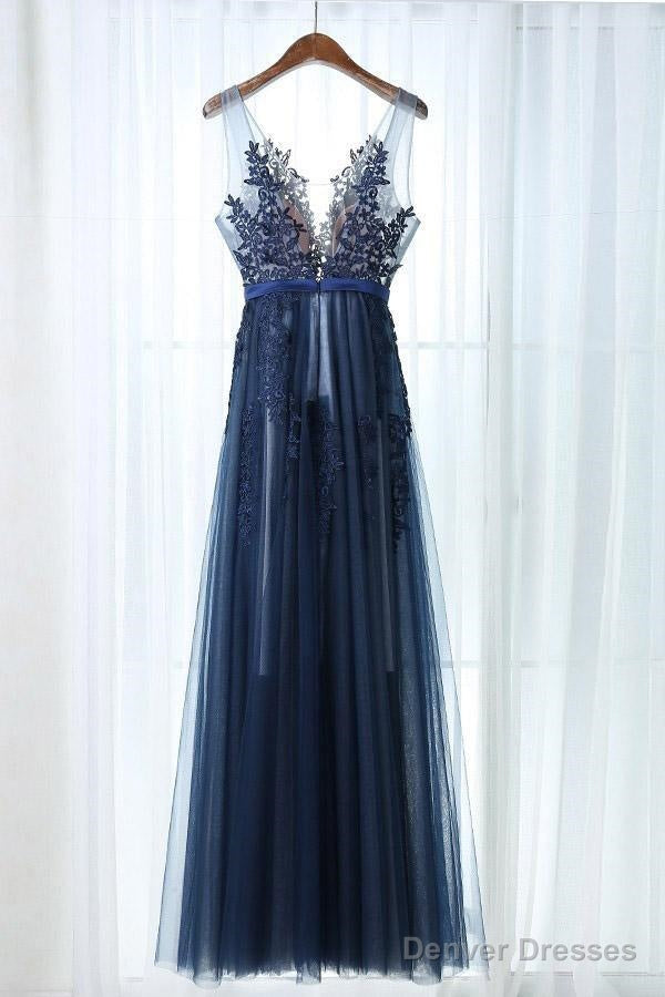 A-Line Deep V-Neck Floor-Length Navy Blue Tulle Prom Dress With Appliques Secondary image