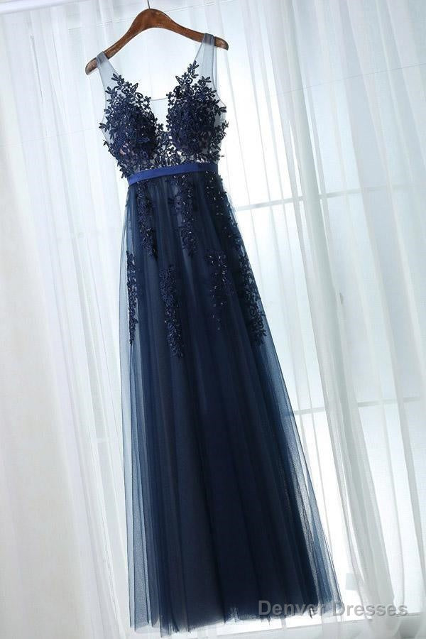 A-Line Deep V-Neck Floor-Length Navy Blue Tulle Prom Dress With Appliques Main image