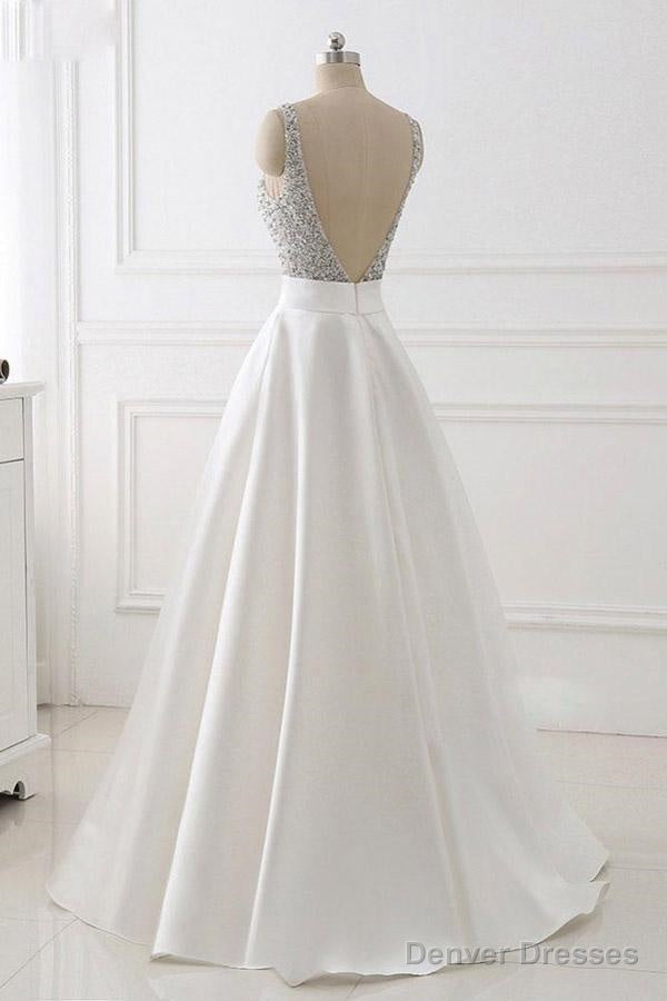 A-Line Deep V-Neck Sleeveless Open Back Sweep Train Formal Dress/ Wedding Dress With Sequins