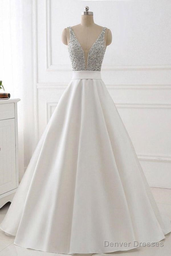 A-Line Deep V-Neck Sleeveless Open Back Sweep Train Formal Dress/ Wedding Dress With Sequins