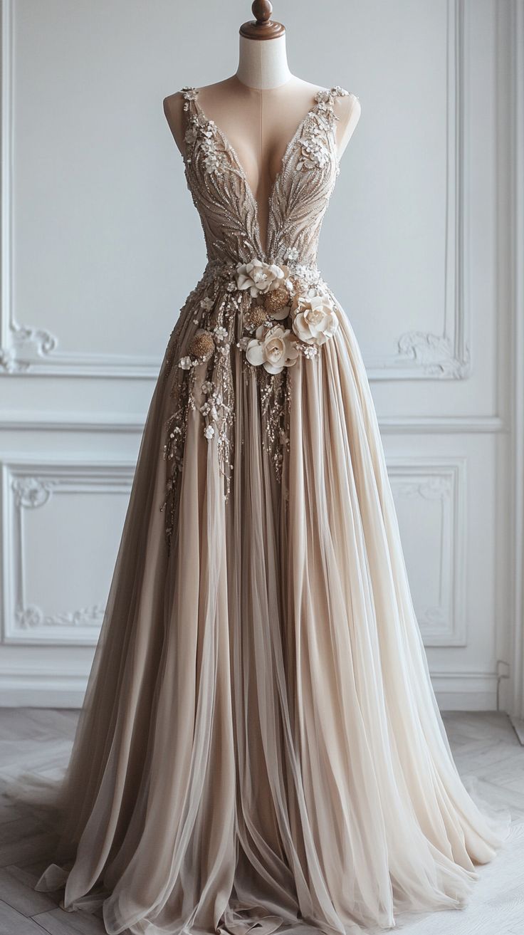 A-Line Deep V Neck Tulle Applique Long Evening Gown Bridesmaid Dress
