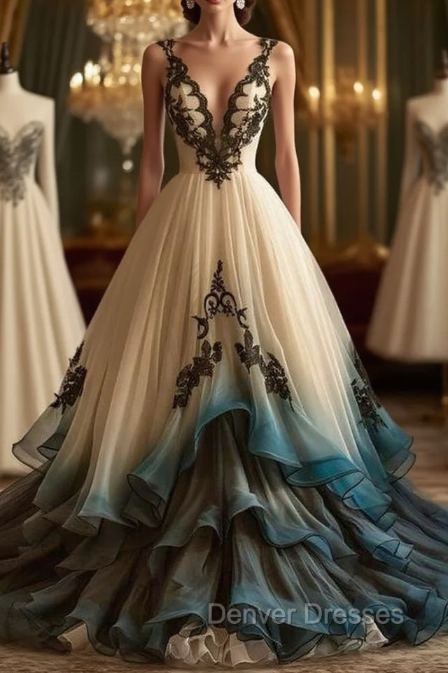 A-Line Deep V Neck Tulle Long Prom Dress Embroidered Applique Evening Dress Main image