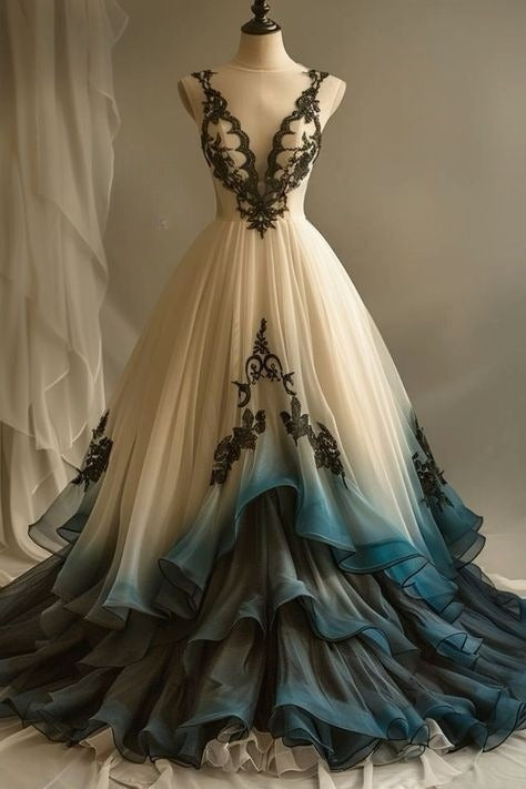 A-Line Deep V Neck Tulle Long Prom Dress Embroidered Applique Evening Dress Main image