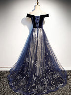 A-Line Elegant Floral Prom Formal Evening Dress Off Shoulder Short Sleeve Sweep / Brush Train Tulle With Pleats Pattern / Print