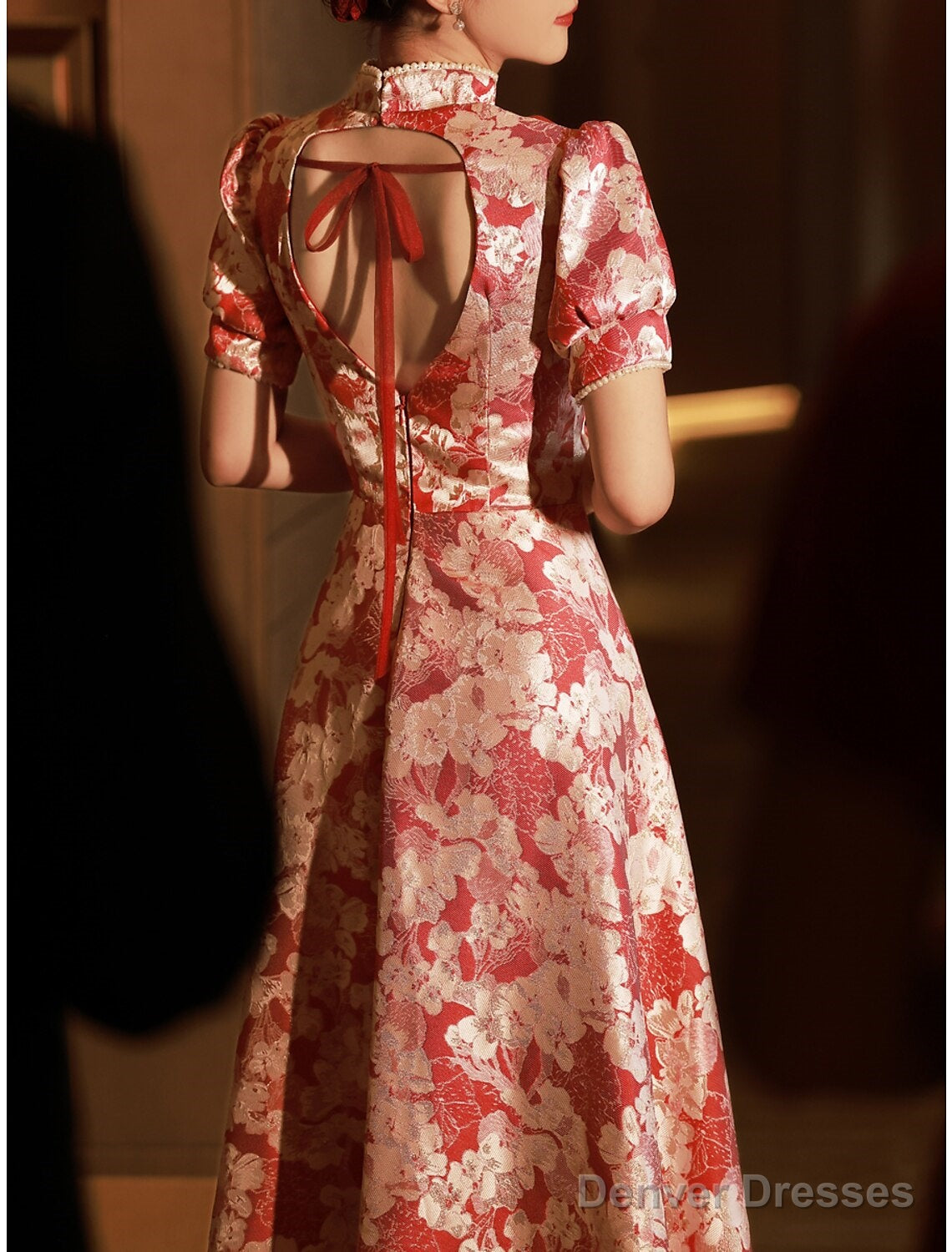 A-Line Evening Gown Chinese Style Dress Engagement Floor Length Half Sleeve Stand Collar Satin With Pearls Strappy Secondary image