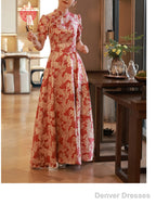 A-Line Evening Gown Chinese Style Dress Engagement Floor Length Half Sleeve Stand Collar Satin With Pearls Strappy