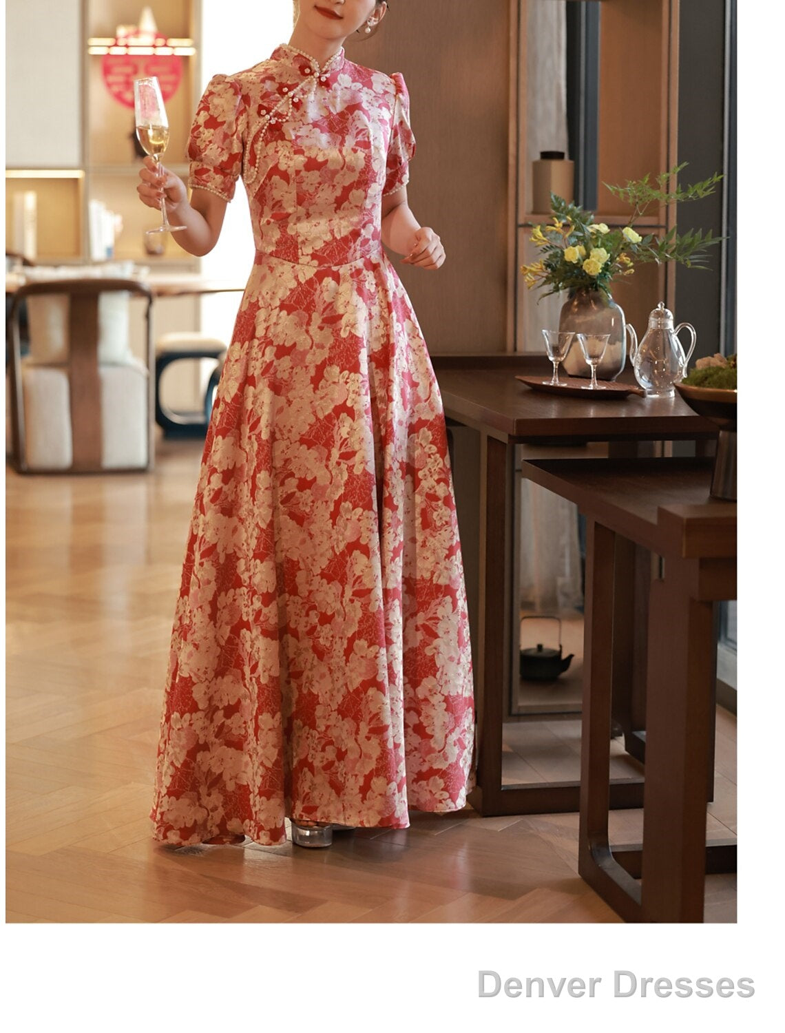 A-Line Evening Gown Chinese Style Dress Engagement Floor Length Half Sleeve Stand Collar Satin With Pearls Strappy