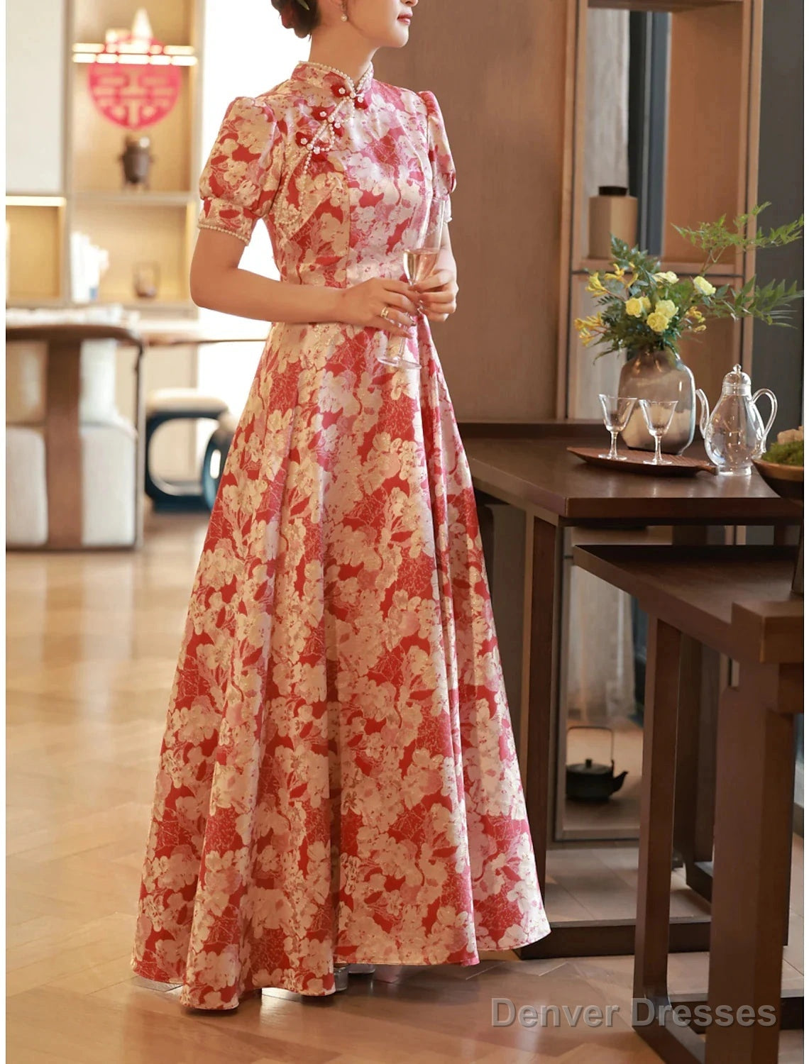 A-Line Evening Gown Chinese Style Dress Engagement Floor Length Half Sleeve Stand Collar Satin With Pearls Strappy