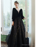 A-Line Evening Gown Dress Wedding Floor Length Long Sleeve V Neck Satin With Crystals Sequin