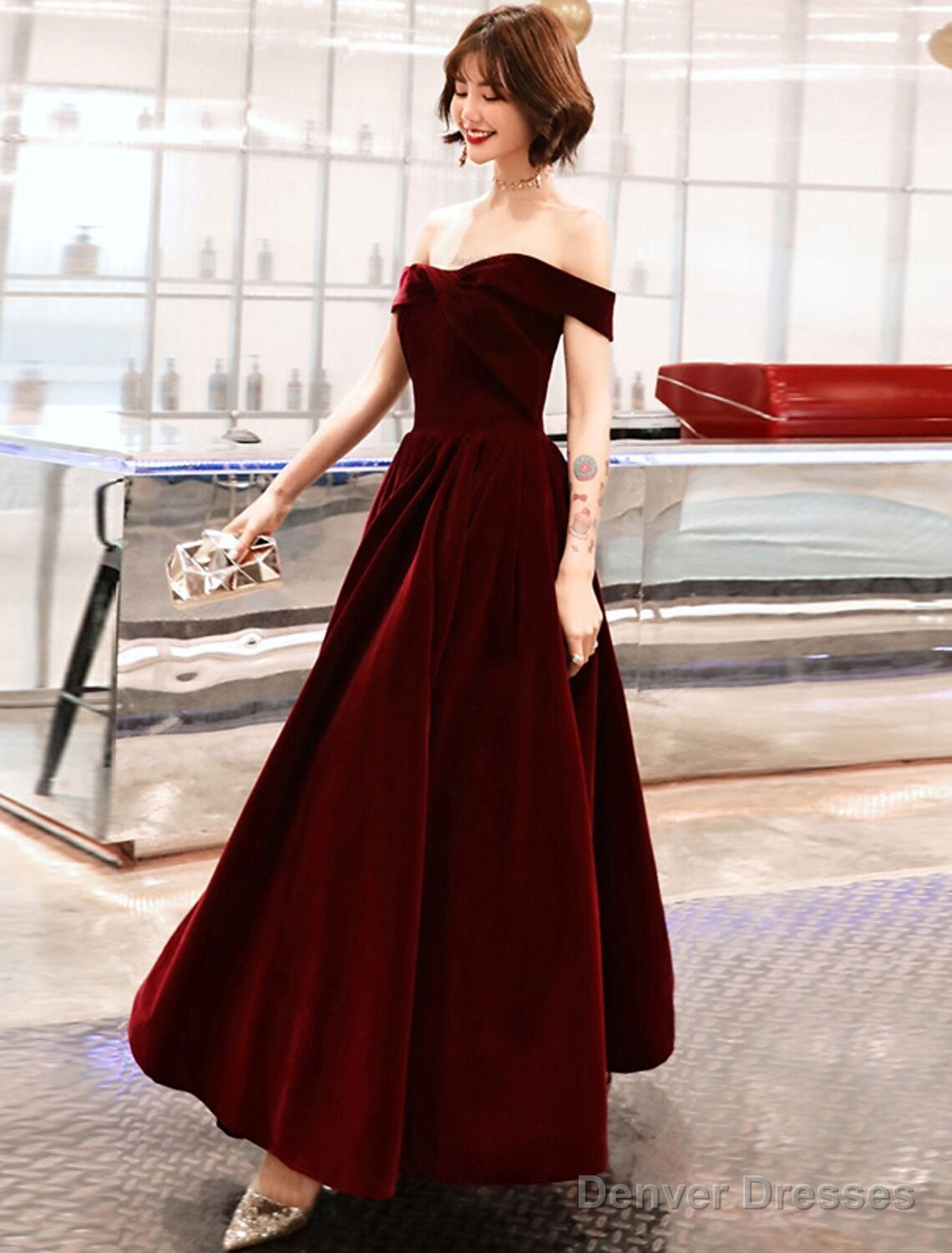 A-Line Evening Gown Elegant Dress Wedding Guest Ankle Length Short Sleeve Off Shoulder Velvet With Sleek Main image