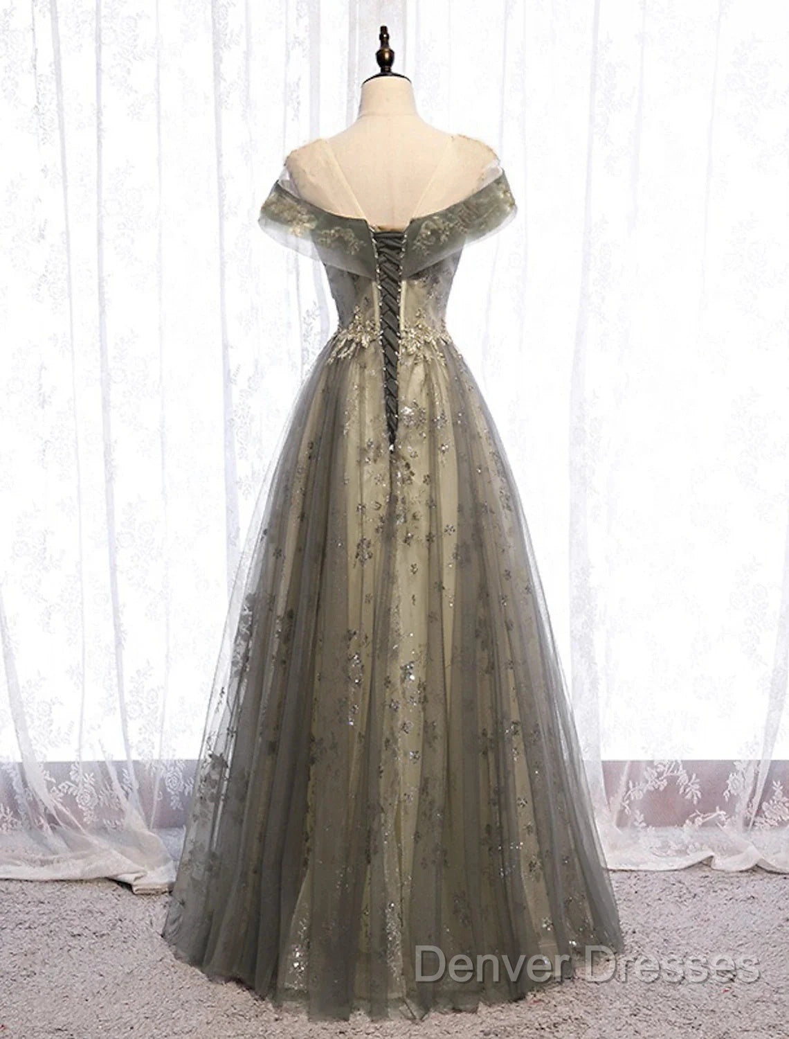 A-Line Evening Gown Elegant Dress Wedding Guest Engagement Floor Length Short Sleeve Illusion Neck Tulle With Pleats Secondary image