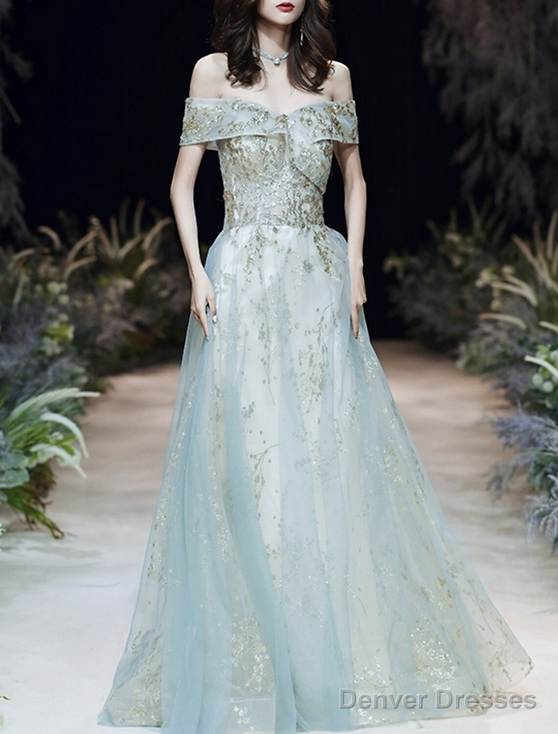 A-Line Evening Gown Elegant Dress Wedding Guest Engagement Floor Length Short Sleeve Off Shoulder Tulle With Sequin