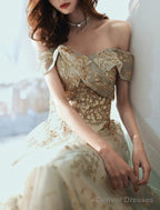 A-Line Evening Gown Elegant Dress Wedding Guest Engagement Floor Length Short Sleeve Off Shoulder Tulle With Sequin