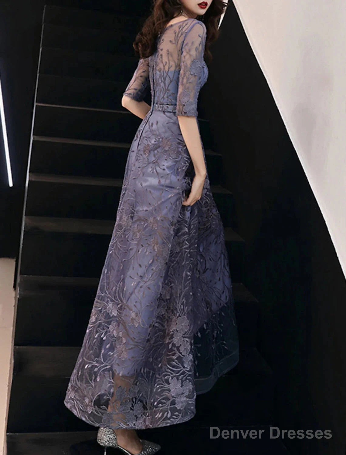 A-Line Evening Gown Elegant Dress Wedding Guest Formal Evening Floor Length Half Sleeve Jewel Neck Tulle With Embroidery Pattern / Print Secondary image