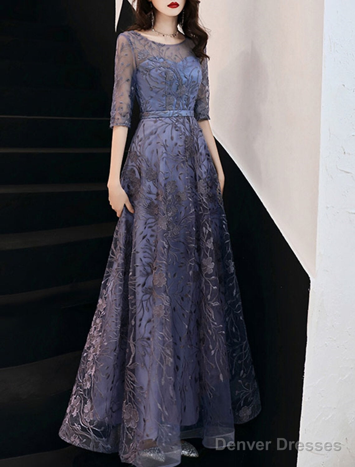 A-Line Evening Gown Elegant Dress Wedding Guest Formal Evening Floor Length Half Sleeve Jewel Neck Tulle With Embroidery Pattern / Print Main image