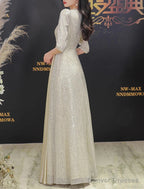 A-Line Evening Gown Elegant Dress Wedding Guest Prom Floor Length Half Sleeve V Neck Sequined With Glitter Fringe Tassel
