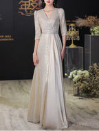 A-Line Evening Gown Elegant Dress Wedding Guest Prom Floor Length Half Sleeve V Neck Sequined With Glitter Fringe Tassel