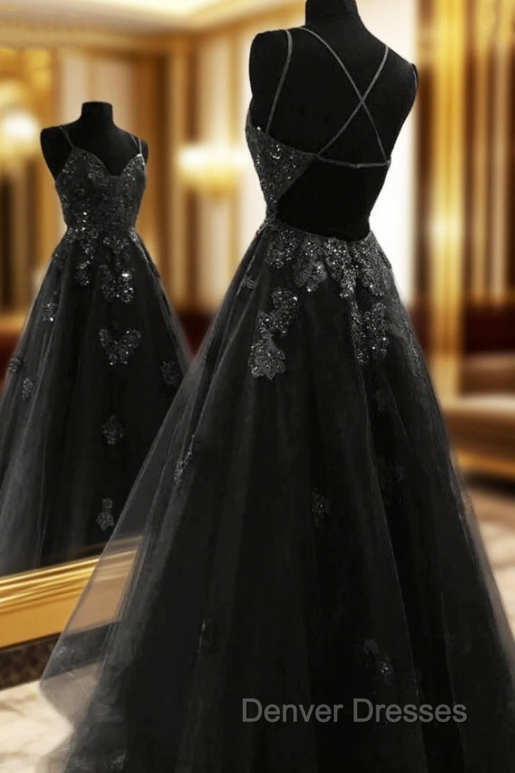A Line Floor Length Black Tulle Lace Prom Dress Main image