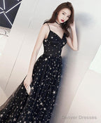 A-Line Floor-Length Star Lace Beautiful Long Black Prom Formal Dress