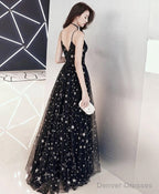 A-Line Floor-Length Star Lace Beautiful Long Black Prom Formal Dress
