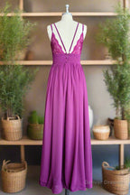 A-line Floor Length V Neck Spaghetti Straps Pleating Long Chiffon/Lace Bridesmaid Dresses