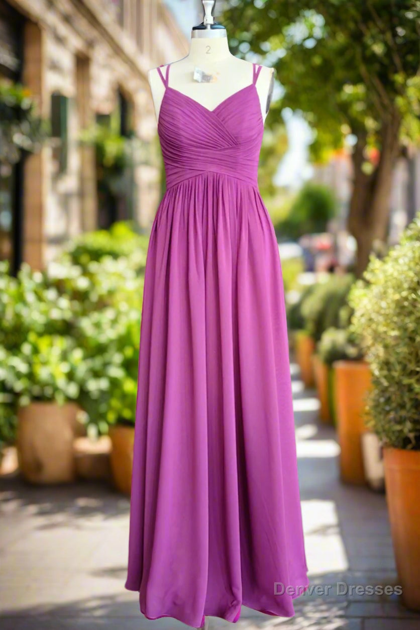 A-line Floor Length V Neck Spaghetti Straps Pleating Long Chiffon/Lace Bridesmaid Dresses Main image