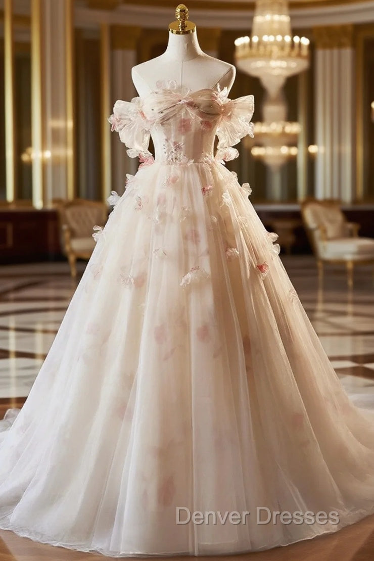 A-line Floral  Champagne Tulle Long Prom Dress, Elegant A-Line Formal Evening Dress Main image